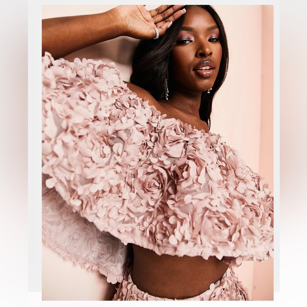 ASOS Luxe size 2 Floral Lace Bardot top skirt Set in Pink mauve - Picture 3 of 16
